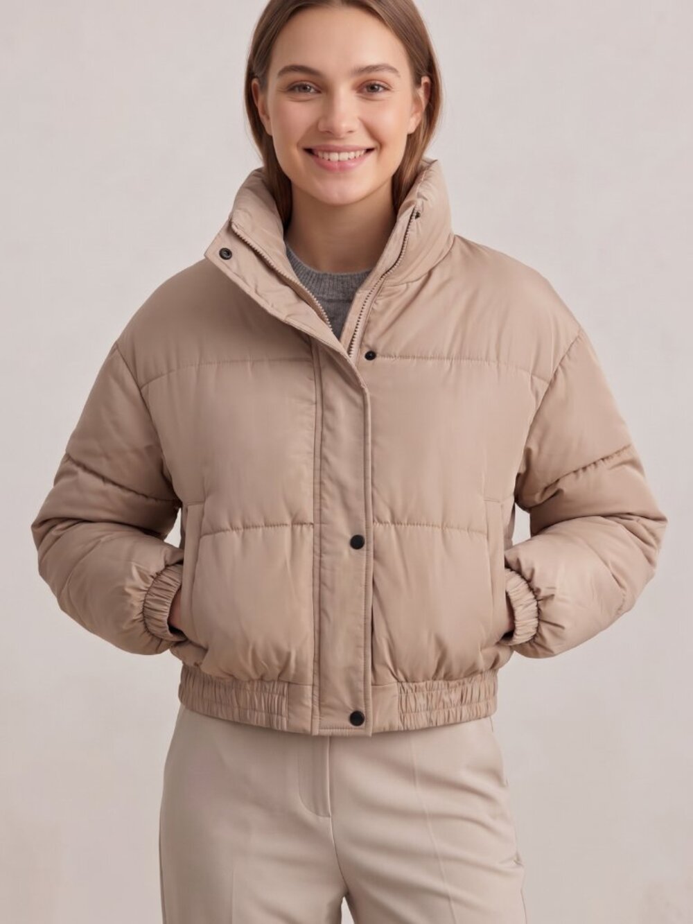 Taupe Cropped Puffer Jacket Stand Collar Full Zip Outerwear Medium